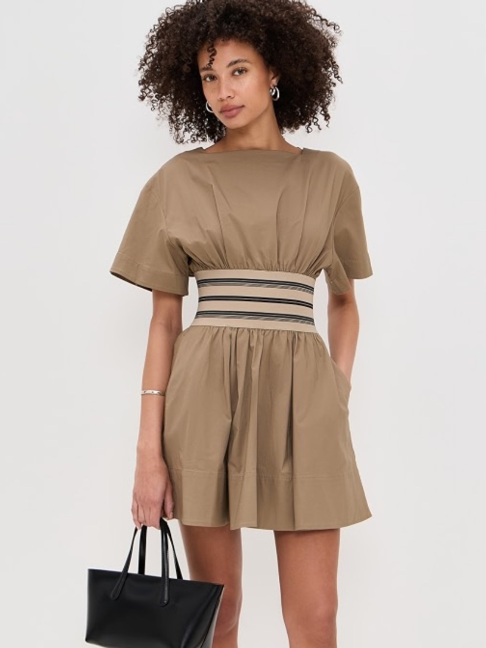 NWOT STAUD Amy Mini Dress Khaki-Tan Short Sleeve Corset-Waist Mini Dress